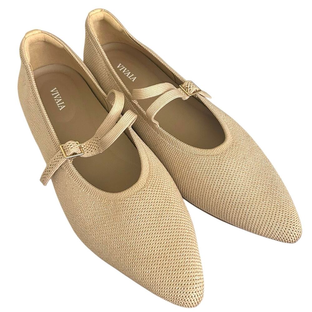 VIVAIA, 'Aria' Pointed-Toe V-Strap Mary-Jane Flats Gold Shimmer Beige Size 11 US - Picture 2 of 12